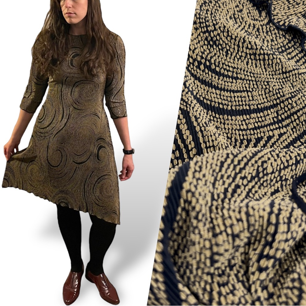 Vintage 90s Y2K Micropleated Grunge Swirl Dress Tie-Back A-Line Knee Length M